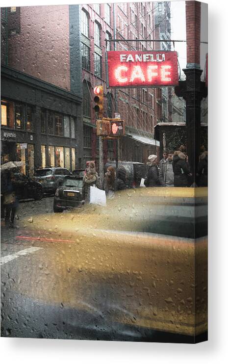 Cafe And Cab Rain Canvas Print featuring the photograph Cafe And Cab Rain #1 by Moises Levy