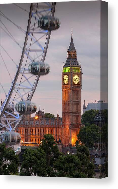 Estock Canvas Print featuring the digital art England, London, Great Britain, City Of Westminster, Big Ben And Part Of Millennium Wheel #1 by Massimo Ripani