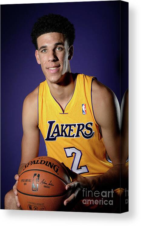 Lonzo Ball Canvas Print featuring the photograph Los Angeles Lakers Introduce Lonzo Ball by Andrew D. Bernstein