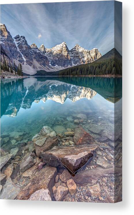 Landscapes Canvas Print featuring the photograph Moraine Lake In The Clouds #1 by Pierre Leclerc Photography