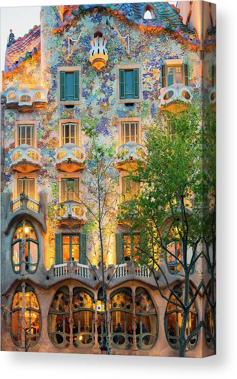 Estock Canvas Print featuring the digital art Spain, Catalonia, Barcelona, Casa Batllo Illuminated Up At Dusk, Architect Antoni Gaudi #1 by Jordan Banks