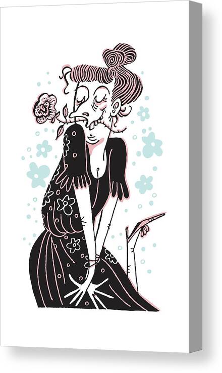 Adult Canvas Print featuring the drawing Ugly Woman with Flower in Her Mouth #1 by CSA Images
