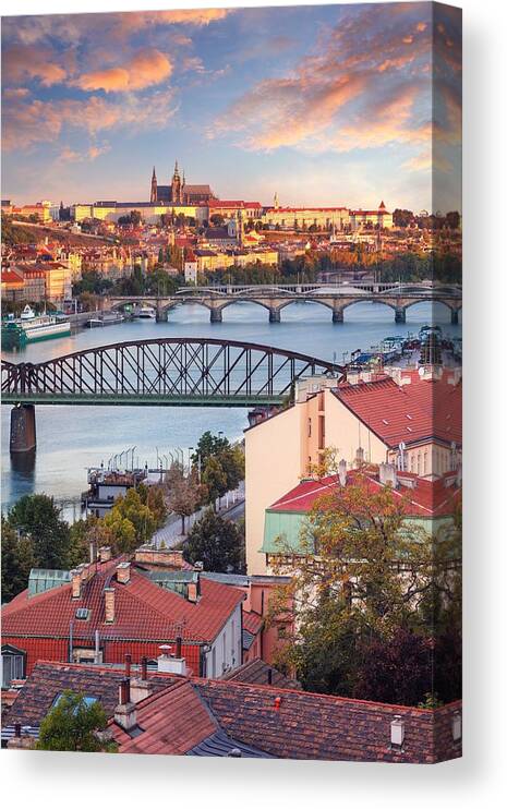 Landscape Canvas Print featuring the photograph Prague At Sunrise. Cityscape Image #3 by Rudi1976