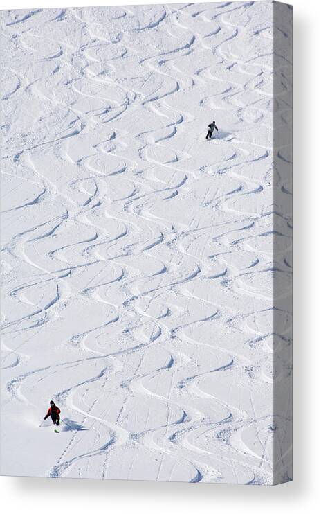 Skiers Making Early Tracks After Fresh Snow Fall At Alta Ski Resort Canvas Print featuring the photograph 733-1950 by Robert Harding Picture Library