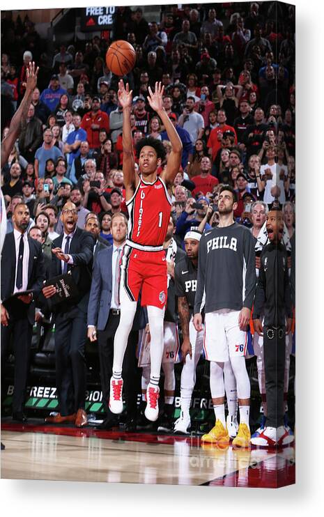 Anfernee Simons Canvas Print featuring the photograph Philadelphia 76ers V Portland Trail by Sam Forencich