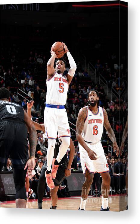 Dennis Smith Jr Canvas Print featuring the photograph New York Knicks V Detroit Pistons by Chris Schwegler