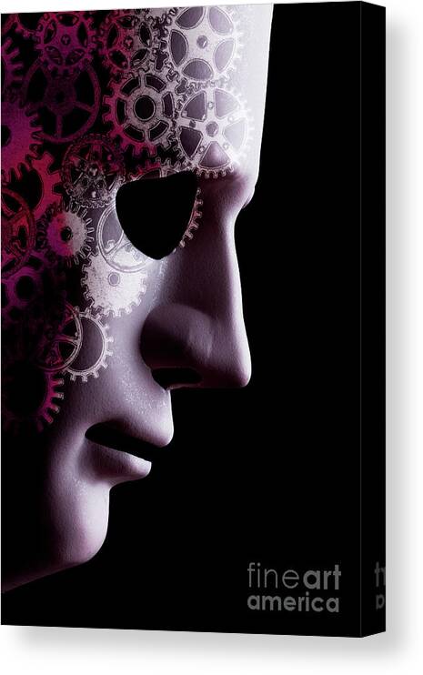 Mask Canvas Print featuring the photograph A.I. robotic face close up with cogs by Simon Bratt