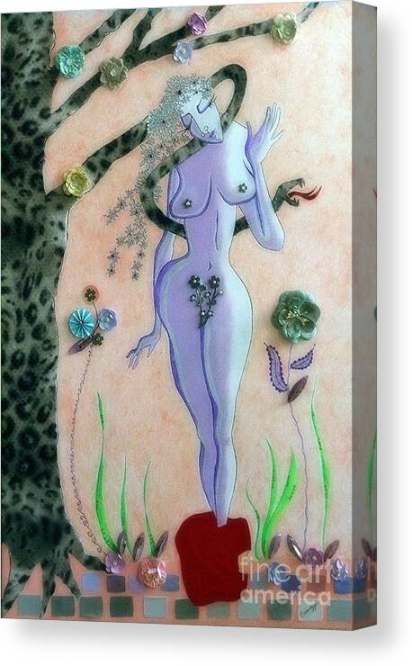 Eve Canvas Print featuring the mixed media Apple, Snake, Woman -- Eve in Garden of Eden, #4 in Famous Flirts Series by Jayne Somogy