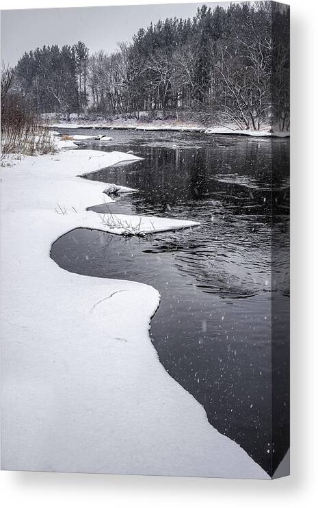 Snow Ice Yahara River Stoughton Wi Wisconsin Dane Vertical Scenic Landscape Cold Snowfall Winter Blizzard B&w Black And White Curvy Canvas Print featuring the photograph At the Yahara River Bend - snowy scene south of Stoughton WI by Peter Herman