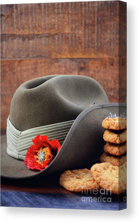 Rustic Canvas Print featuring the photograph Australian Army Slouch Hat and Anzac Biscuits. by Milleflore Images