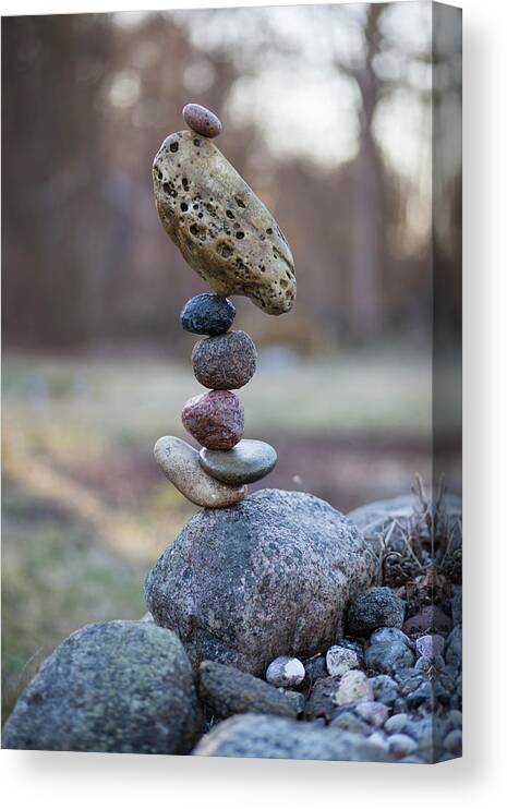 Meditation Zen Yoga Mindfulness Stones Nature Land Art Balancing Sweden Canvas Print featuring the sculpture Balancing art #53 by Pontus Jansson