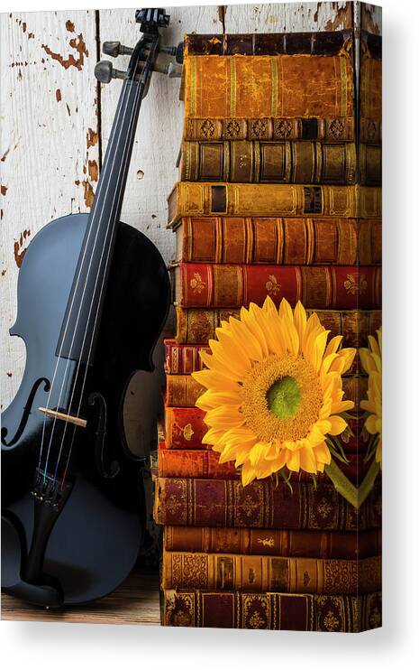 Violin Canvas Print featuring the photograph Black Violin And Stack Of Books by Garry Gay