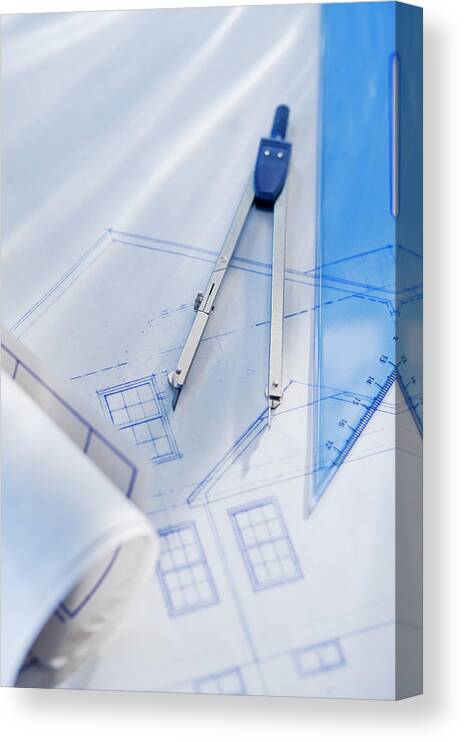 Drawing Compass Canvas Print featuring the photograph Blueprint Of House With Compass by Tom Grill