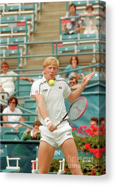 1980-1989 Canvas Print featuring the photograph Boris Becker Swings At Tennis Ball by Bettmann