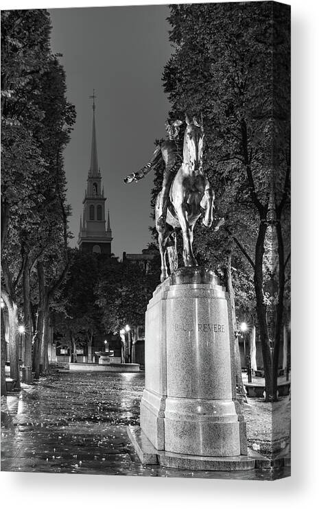 America Canvas Print featuring the photograph Boston Old North Church and Paul Revere Monument in Monochrome by Gregory Ballos