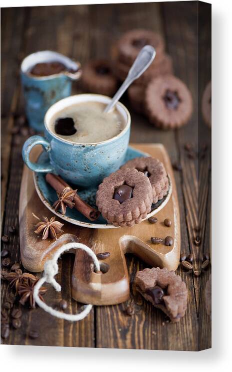 Breakfast Canvas Print featuring the photograph Breakfast Coffee And Chocolate Cookies by Verdina Anna