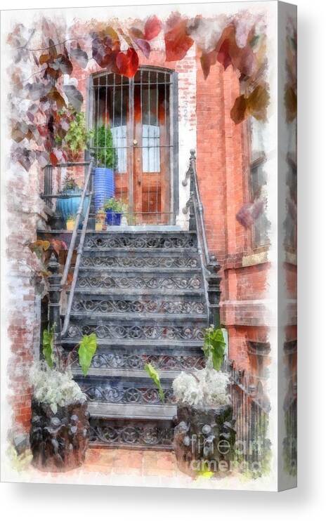 Stairs Canvas Print featuring the digital art Brick Townhouse Walkup Watercolor by Edward Fielding
