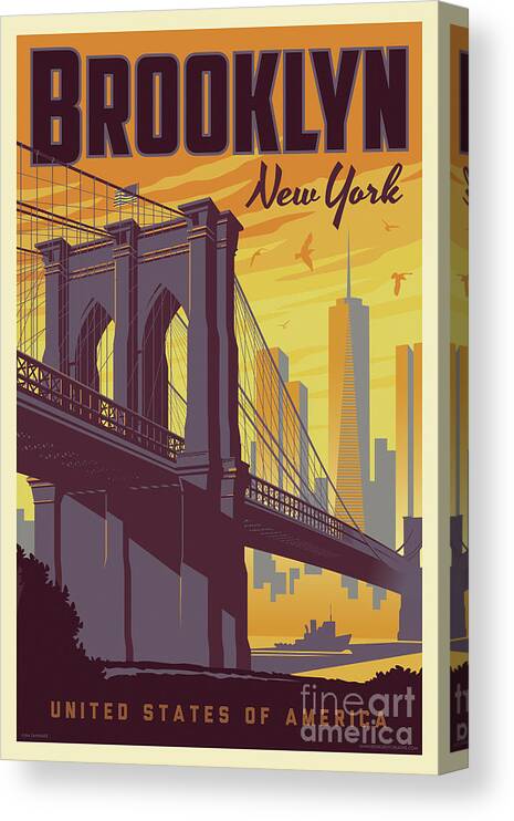 Travel Poster Canvas Print featuring the digital art Brooklyn Poster - Vintage Brooklyn Bridge by Jim Zahniser