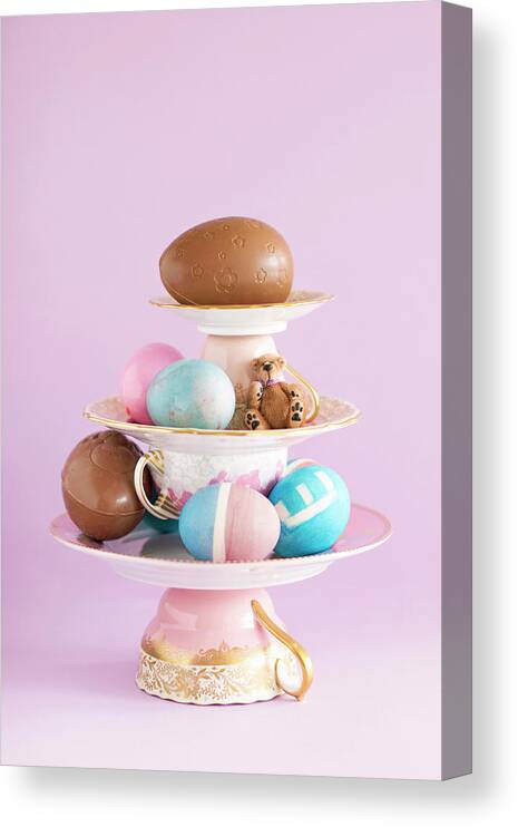 Ip_12981260 Canvas Print featuring the photograph Centerpiece Composition Of Porcelain, Colourful Easter Eggs And Chocolate Eggs by Zappie