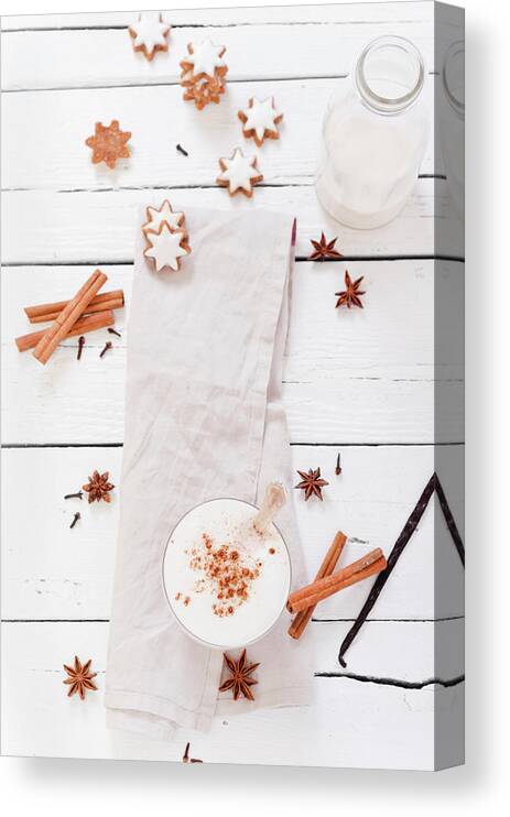 Milk Canvas Print featuring the photograph Chai Latte With Ingredients And Cookies by Westend61
