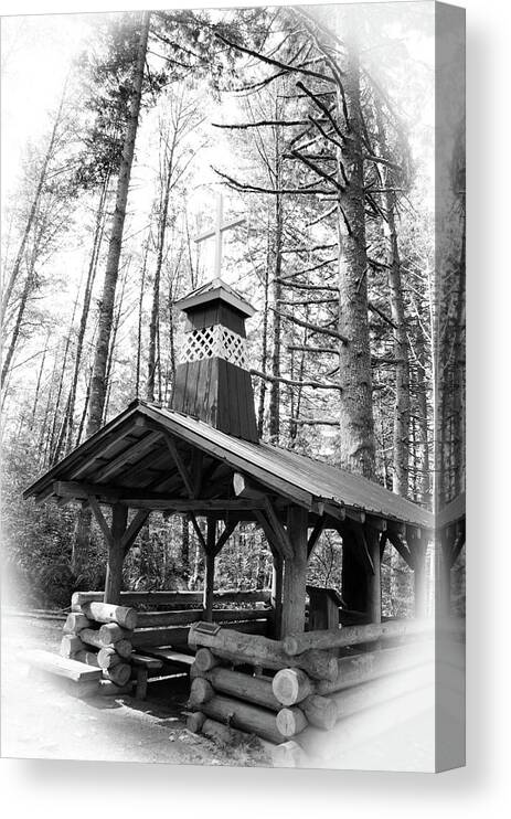 Black And White Canvas Print featuring the photograph Chapel In The Woods Version One by Tikvah's Hope
