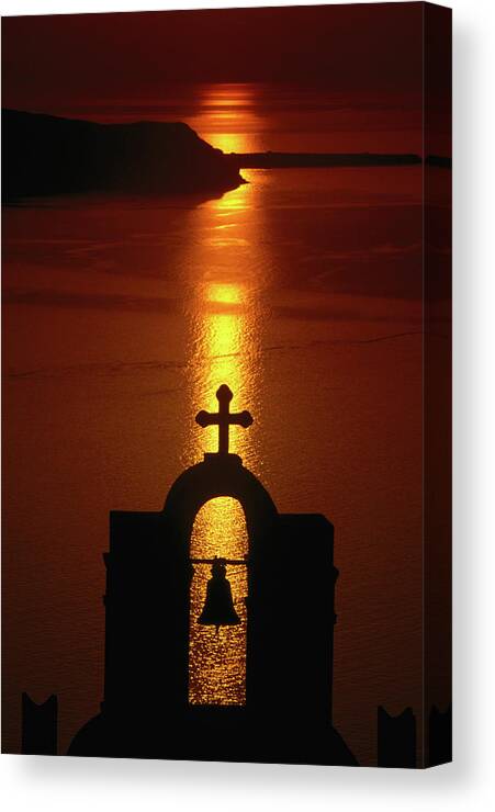 Orange Color Canvas Print featuring the photograph Church Belltower Silhouetted At Sunset by Izzet Keribar