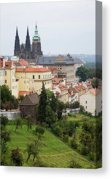 Contrasting Canvas Print featuring the digital art Church Spires Overlooking City Rooftops, Prague by Perry Mastrovito