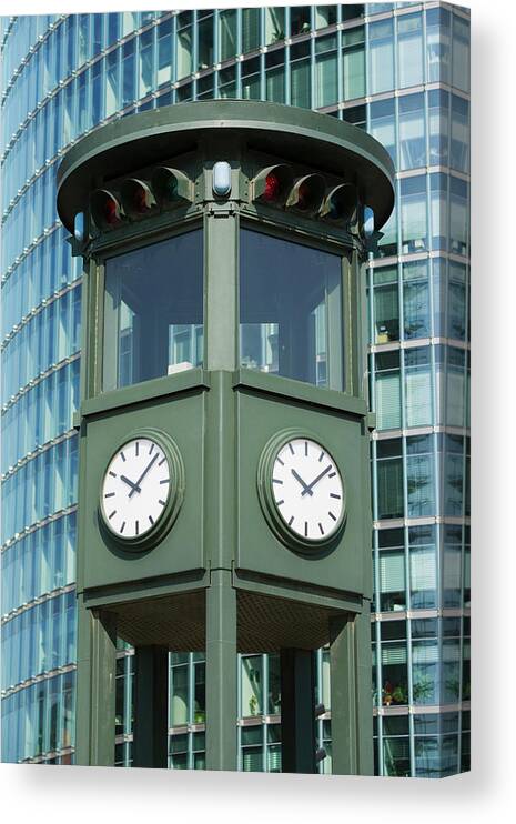Green Color Canvas Print featuring the digital art Clock Tower, Potsdamer Platz, Berlin, Germany by Oanh