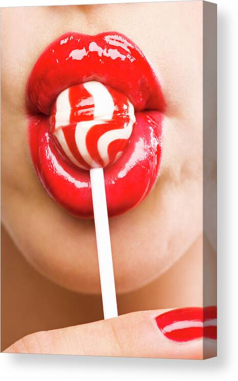 People Canvas Print featuring the photograph Close-up Of A Womans Mouth With Lollipop by Pando Hall