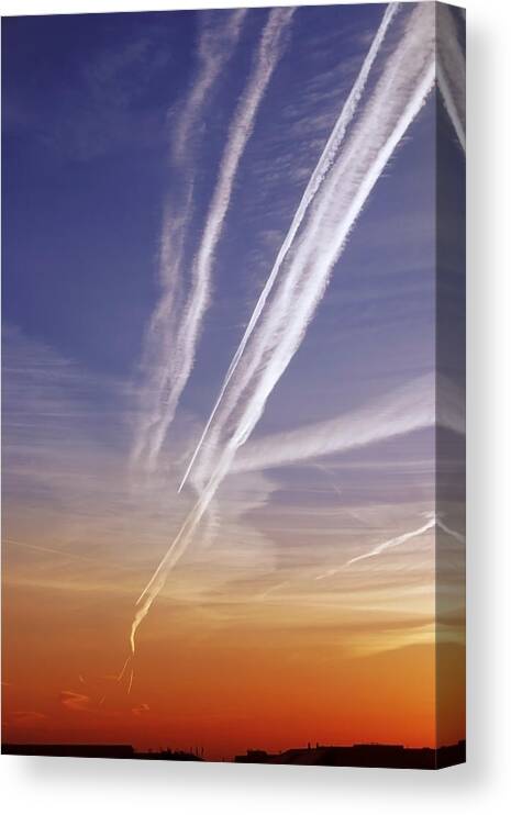 Orange Color Canvas Print featuring the photograph Contrails In The Sunrise by A330pilot