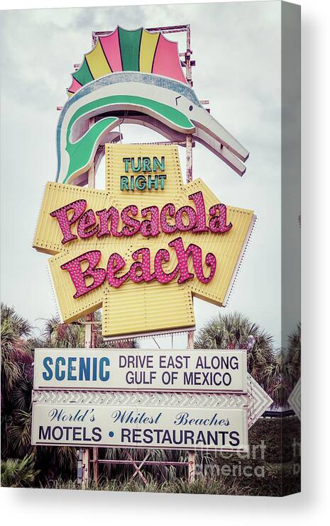 America Canvas Print featuring the photograph Famous Pensacola Beach Sign Gulf Breeze Florida Photo by Paul Velgos