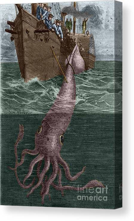 Kraken Canvas Print featuring the drawing Fishing For A Gigantic Squid by French School