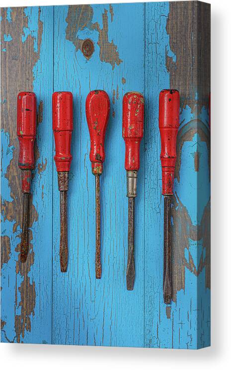 Screwdrivers Canvas Print featuring the photograph Five Red Screwdrivers Vertical by David Smith