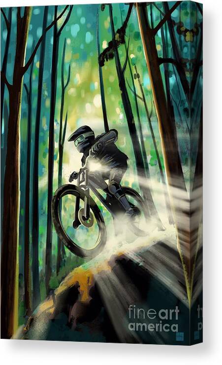 Mountain Bike Canvas Print featuring the painting Forest jump mountain biker by Sassan Filsoof
