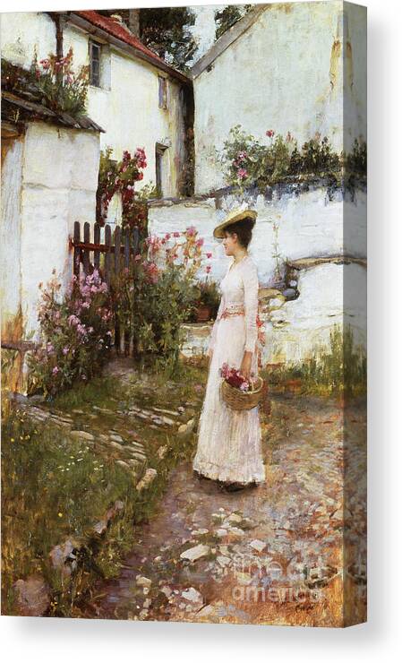 19th Century Canvas Print featuring the painting Gathering Summer Flowers In A Devonshire Garden, 1893 by John William Waterhouse