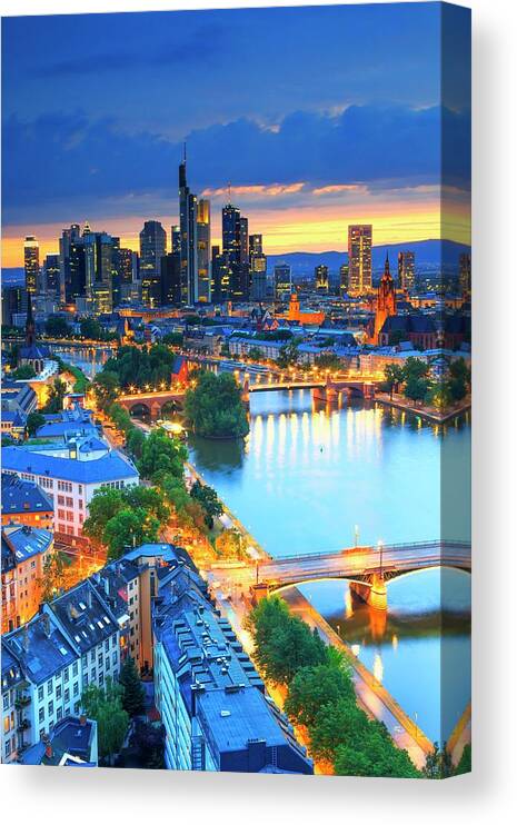 Estock Canvas Print featuring the digital art Germany, Hessen, Frankfurt Am Main, The Skyline Of The City With The Skyscrapers Of The Banks District Along The Main River by Maurizio Rellini
