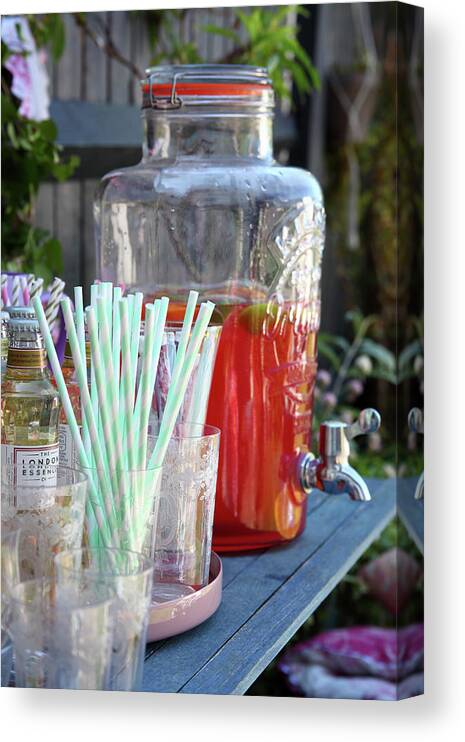 Glasses, Straws And Punch In Glass Dispenser On Garden Table Canvas Print /  Canvas Art by Simon Scarboro - Pixels Canvas Prints