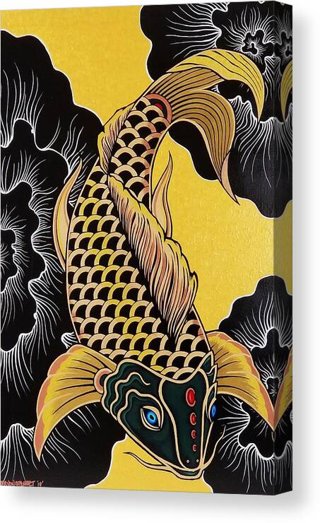  Canvas Print featuring the painting Golden Koi Fish by Bryon Stewart