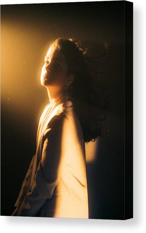#golden#wind#dark#female#studio#conceptual#portrait Canvas Print featuring the photograph Golden Light by Mortzagh3988
