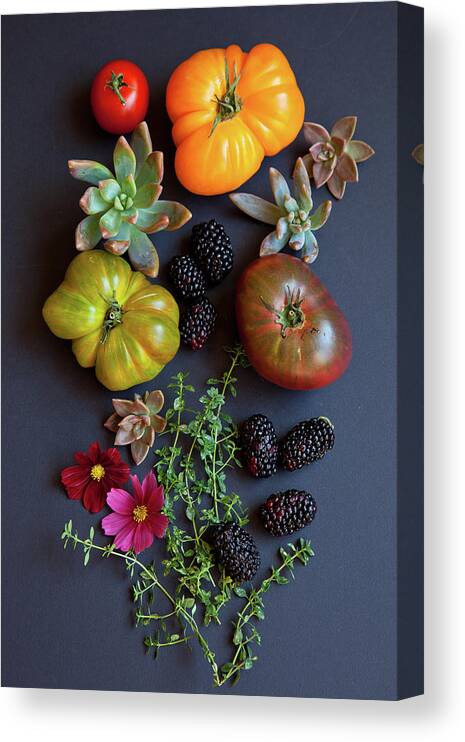 Foothill Ranch Canvas Print featuring the photograph Heirloom Tomatoes With Herbs, Berries by Beth D. Yeaw