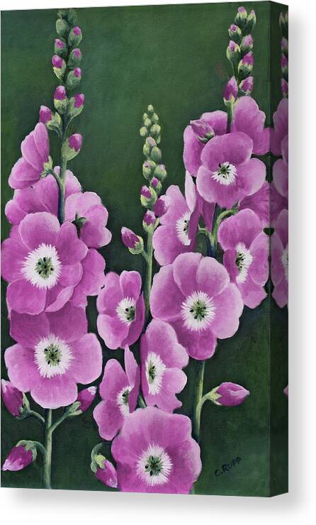 Hollyhocks In Lilac Canvas Print featuring the painting Hollyhocks In Lilac by Carol J Rupp