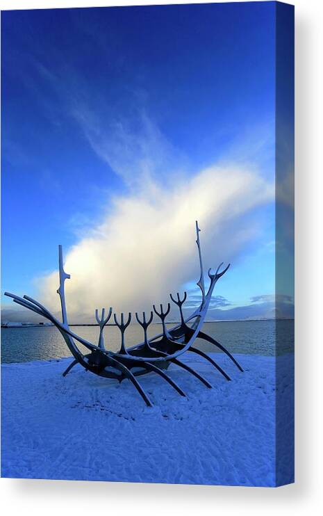 Estock Canvas Print featuring the digital art Iceland, Greater Reykjavik Area, Reykjavik, Snow On The Sun Voyager Sculpture by Dave Porter