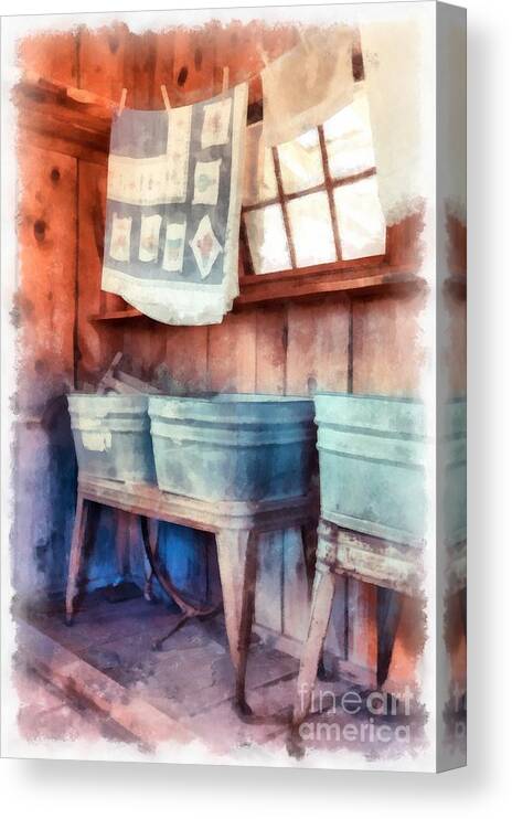 Watercolor Canvas Print featuring the digital art Laundry Day Wash Tubs by Edward Fielding