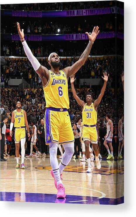 Lebron James Canvas Print featuring the photograph LeBron James Celebrates After Breaking the All-Time Scoring Record by Andrew D. Bernstein