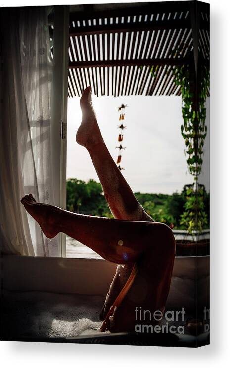 Mid Adult Women Canvas Print featuring the photograph Legs Of Woman Relaxing In Bathtub by Westend61