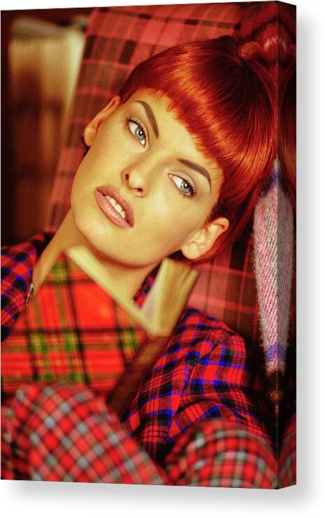 #new2022vogue Canvas Print featuring the photograph Linda Evangelista With Short Red Hair Wearing by Arthur Elgort