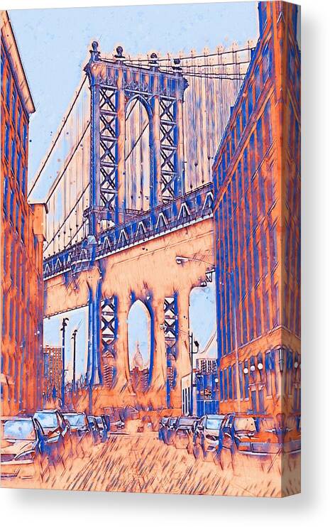 Cities Canvas Print featuring the drawing Manhattan Bridge Is A Suspension Bridge by Andrea Mazzocchetti