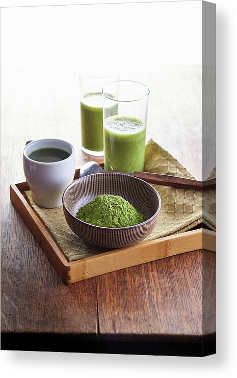 Cusine At Home Canvas Print featuring the photograph Matcha powder and drinks by Cuisine at Home