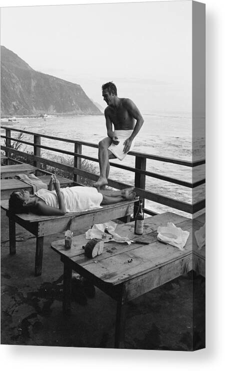 Steve Mcqueen - Actor Canvas Print featuring the photograph McQueen & Adams Relax In Big Sur by John Dominis