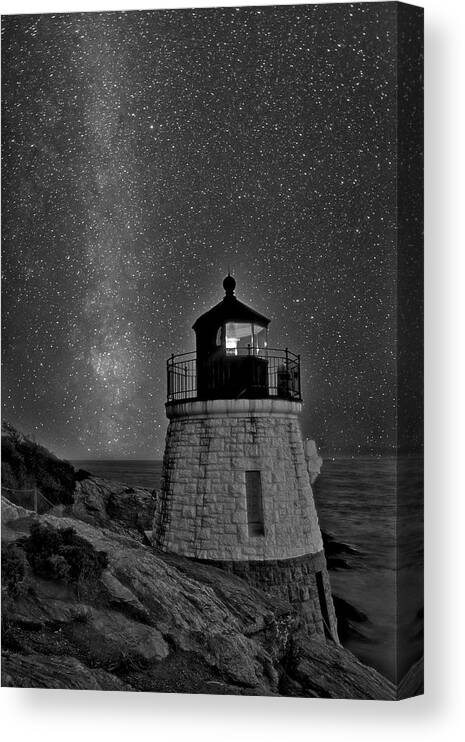 Castle Hill Light Canvas Print featuring the photograph Milky Way Rising Over Castle Hill BW by Susan Candelario